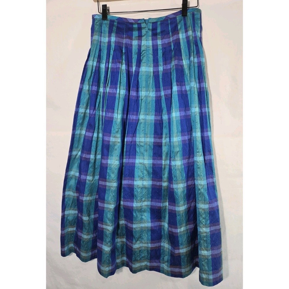 Maggy‎ London Silk Plaid Midi Skirt Womens 8 Blue Teal Pleated Vintage Excellent - Picture 2 of 9